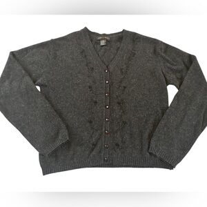 Jamie Scott Lambswool Cardigan L Gray Beaded Button Up Wool Sweater